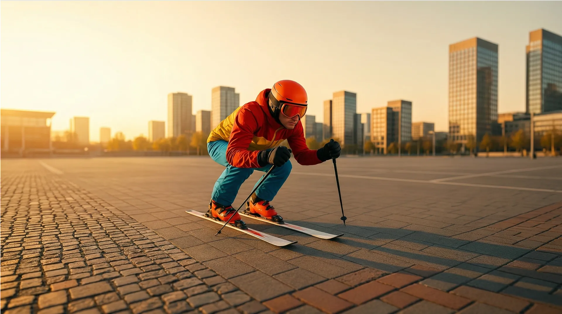 Skier in full ski gear standing on a city street