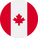 A circular icon featuring the Canadian flag with a red maple leaf in the center and red vertical bars on either side against a white background.