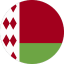 A circular graphic of the Belarus flag, featuring a red and green horizontal split with a red and white ornamental pattern on the left side.