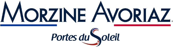 Text reads "Morzine Avoriaz, Portes du Soleil" with blue and red lines and stylized 'S' in Soleil.