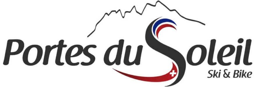 Logo for Portes du Soleil Ski & Bike features stylized text with mountain outline and a swoosh in the shape of an "S" with Swiss flag details.