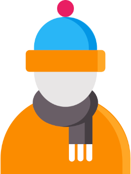 An illustration of a person wearing a blue beanie with a pink pom-pom, an orange jacket, and a gray scarf. The face is not detailed.