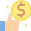 A thumbs-up hand next to a large gold coin with a dollar sign in the center, surrounded by small plus signs.