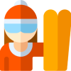 Illustration of a person wearing an orange hat, goggles, and an orange outfit, holding yellow skis.