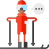 Illustration of a person in red ski gear holding ski poles, wearing goggles and a helmet, with a speech bubble containing three dots.
