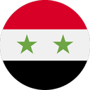 A circular image of the Syrian flag featuring three horizontal stripes in red, white, and black with two green stars in the center white stripe.