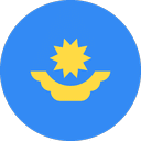 A blue circular icon with a yellow sun above a yellow Altyn-Kazakh yurt ornament design.