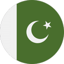 A circular image of the flag of Pakistan, featuring a white vertical stripe on the left, and a green field with a white crescent moon and a five-pointed star on the right.
