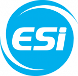 A blue circle with white text "ESI" in the center and a blue swirling design around it.