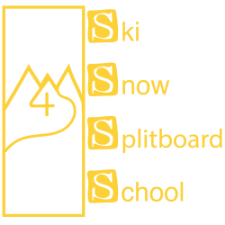 Logo featuring a yellow outline of mountains and a hand forming a 4, with the words "Ski Snow Splitboard School" arranged vertically.