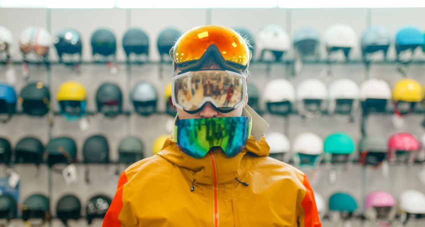 Person dressed in a bright orange and yellow jacket, wearing ski goggles and helmet to prevent glasses from fogging, stands in front of a wall displaying various helmets.