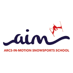 Logo of Arcs-In-Motion Snowsports School featuring the acronym "AIM" in blue with a red skier silhouette and the full name in red below.
