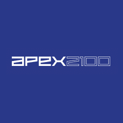 Blue logo with the text "apex2100" in a modern white font on a blue background.