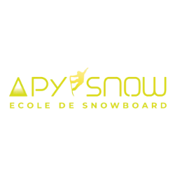 Logo of Apy Snow, an Ecole de Snowboard, featuring stylized text in yellow-green with a small figure riding a snowboard.