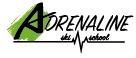 Adrenaline ski school logo with stylized "A," green background, and text featuring a heartbeat line under "Adrenaline ski school.