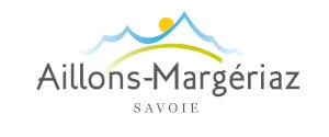 Logo of Aillons-Margériaz, a location in Savoie, featuring stylized mountain peaks with a sun above and green arc below.