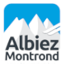 Logo featuring the text "Albiez Montrond" below stylized white mountain peaks set against a blue sky background.