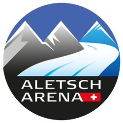 Logo of Aletsch Arena features stylized mountains and a winding river against a blue sky, with a Swiss flag symbol.