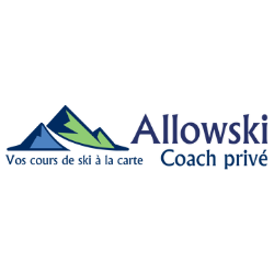 Logo with two blue mountains and green slopes, next to the text "Allowski Coach privé" and the tagline "Votre cours de ski à la carte.