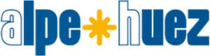 Logo with blue and yellow text reading "alpe huez," with a yellow asterisk in place of the letter "d" in "de.