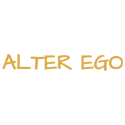 The text "ALTER EGO" is written in a bold, gold-colored font against a white background.