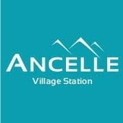 Turquoise square with white text reading "ANCELLE Village Station" below mountain peak graphics.