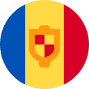 Circular flag of Andorra with vertical blue, yellow, and red stripes and a shield emblem in the center.