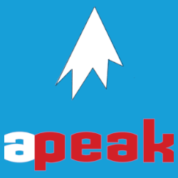 Logo with a blue background, featuring a white arrow pointing upwards above the word "apeak" in red, where the "a" is stylized in white.