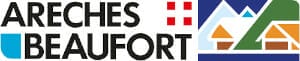 Logo featuring the text "Areches Beaufort" on the left with two small red squares, and an image of mountains and cabins on the right.