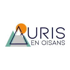 Logo of Auris en Oisans featuring stylized mountains with a sun on the top left, and the text "Auris en Oisans" on the right.