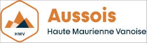 Logo of Aussois Haute Maurienne Vanoise featuring a stylized geometric mountain design and the initials "HMV" inside a hexagon.