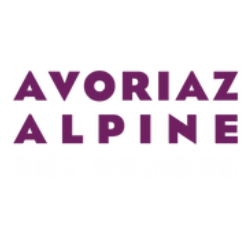 Logo of Avoriaz Alpine Ski School, with "Avoriaz Alpine" in purple text and "Ski School" in white text against a transparent background.