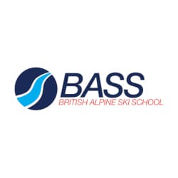 Logo of British Alpine Ski School, featuring a stylized blue and white circular design on the left, with the acronym "BASS" in blue letters and "BRITISH ALPINE SKI SCHOOL" in red letters on the right.