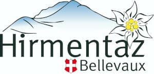 Logo of Hirmentaz Bellevaux featuring a mountain, an edelweiss flower, and a shield.