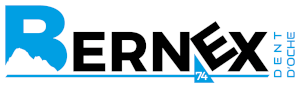 Logo for Bernex Dent D'Oche featuring a stylized mountain in the background, blue and black text, and the number 74 in a blue triangle.
