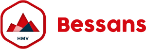 Logo of "Bessans HMV" featuring a geometric mountain graphic inside a hexagon, with the word "Bessans" in red text to the right.
