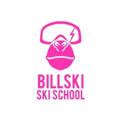 A pink logo of a ski school named "Billski Ski School," featuring a stylized helmet with goggles and a lightning bolt.