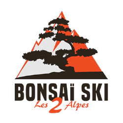 Logo of Bonsai Ski with a stylized bonsai tree, orange and white mountain background, and text "Bonsai Ski Les 2 Alpes.