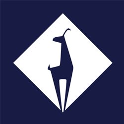 Geometric giraffe silhouette inside a white diamond shape on a dark blue background.