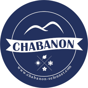 Logo of Chabanon featuring stylized mountain peaks, the word "CHABANON" on a ribbon, weather icons, and the website address www.chabanon-selonnet.com, all set within a circular blue background.