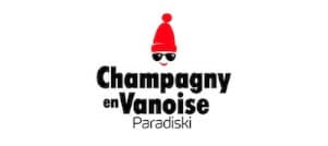 Logo of Champagny en Vanoise Paradiski featuring the text and a graphic of a person with a red hat and sunglasses.
