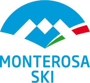 Monterosa Ski logo featuring stylized mountain peaks in blue with a small section in the colors of the Italian flag. The text "Monterosa Ski" is written below in blue letters.