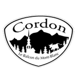 Black and white logo featuring the word "Cordon" with a mountain, church steeple, trees, and a cow silhouette beneath the words "Le Balcon du Mont-Blanc.