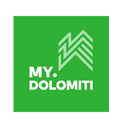 Green logo featuring stylized mountain lines in light green above the bold white text "MY. DOLOMITI.