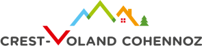 Logo of Crest-Voland Cohennoz featuring stylized mountain peaks in green, blue, and orange, a small red house, and a tree. The text "CREST-VOLAND COHENNOZ" is written below.