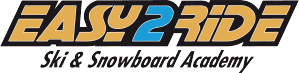 Logo of Easy2Ride Ski & Snowboard Academy with bold orange text for "EASY RIDE" and blue for "2". The subtitle reads "Ski & Snowboard Academy" in a cursive font.