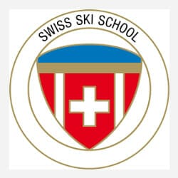 Logo with a red shield featuring a white cross, outlined in gold with blue at the top, and "Swiss Ski School" written in black within concentric golden circles.