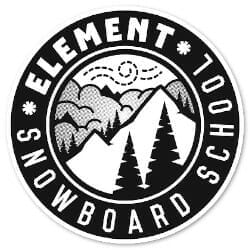 Circular logo with "Element Snowboard School" text around the edge. Inside the circle, there's an illustration of two trees, mountains, and two clouds. White on black background.