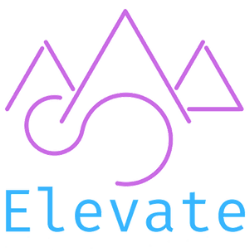 Logo consisting of purple geometric shapes forming mountains and a circle, with the word "Elevate" in blue below.