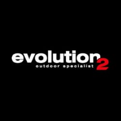 A logo with the text "evolution outdoor specialist" in white and "2" in red, set against a black background.